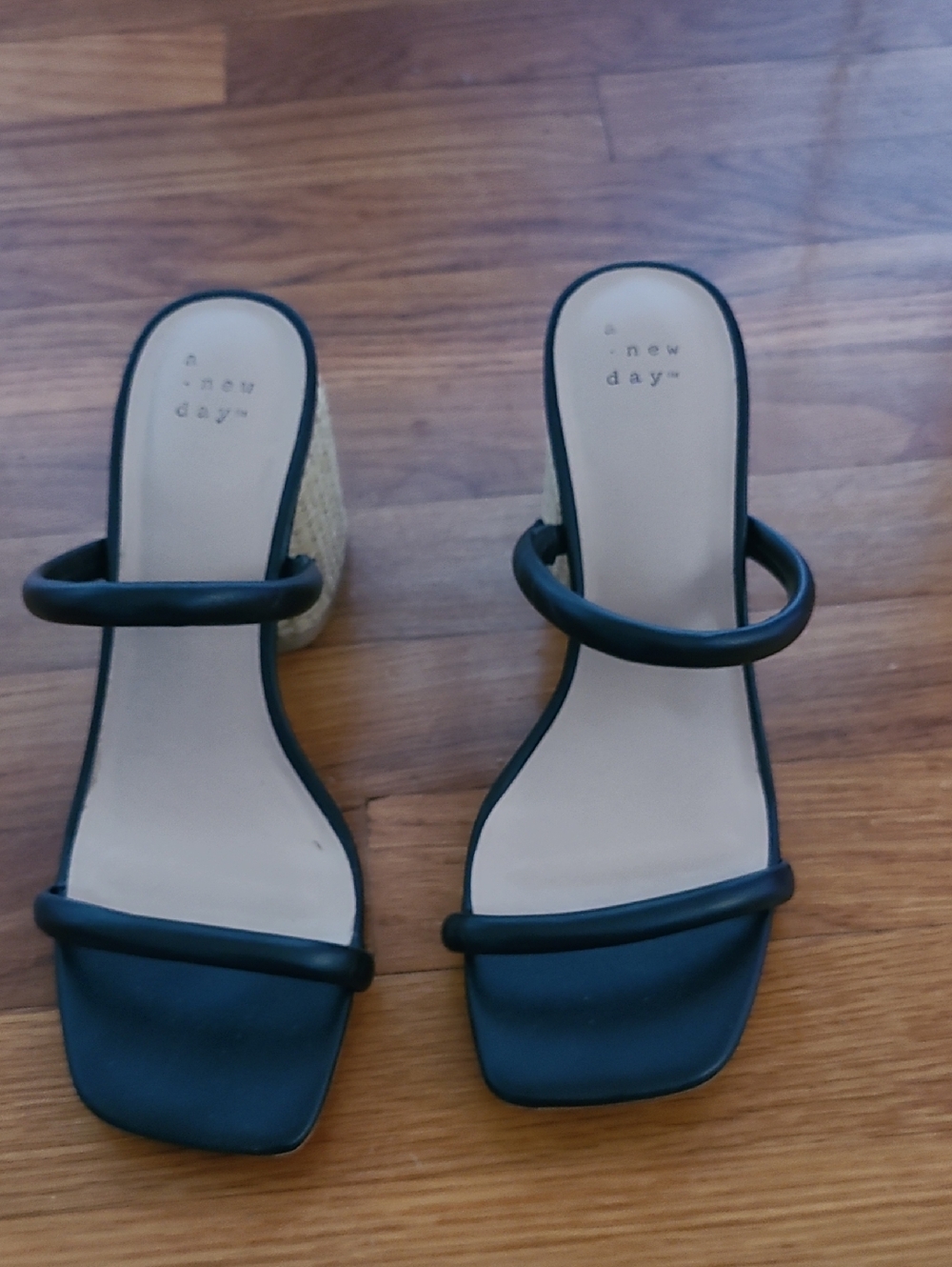 A New Day Black Leather And Straw Chunky Heeled Sandal